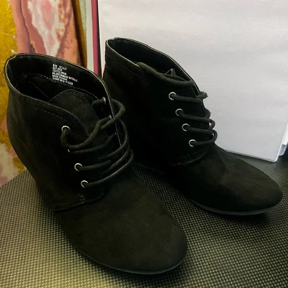 Black Suede Ankle Booties with Wedge Heel - Picture 2 of 8